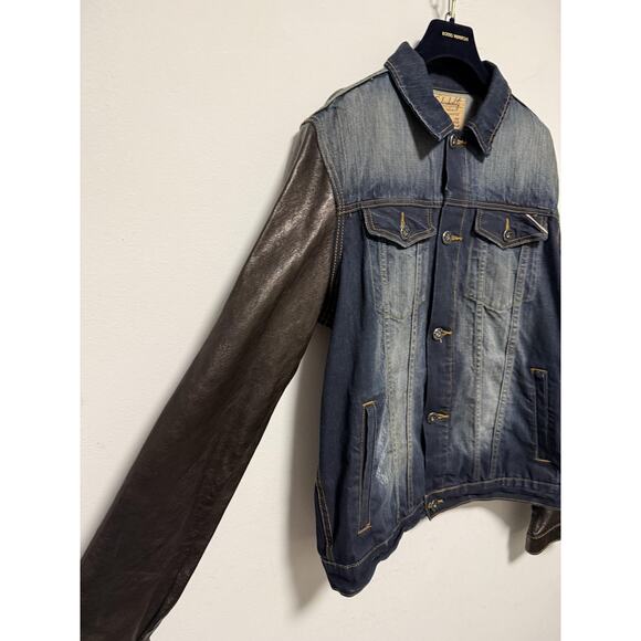 Cult of Individuality Denim Jacket Mens 2XL Leather Sleeves Trucker 628-255A - Picture 4 of 16